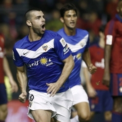 Almeria's forward Rodri celebrating his team's goal at El Sadar