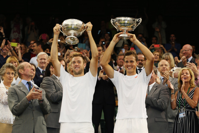 Pospisil and Sock with Wimbledon 2014 trophy